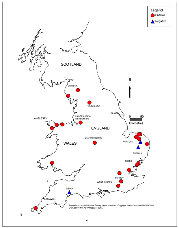 Map showing red squirrel captive locations in England and Wales