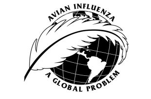 Avian influenza a global problem logo containing text around the world and a feather across the centre.