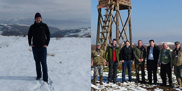 Photos of Sarah Beatham standing alone in snow and with a group of gentlemen in the snow with a timber tower behind.