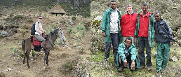 Photos of Flavie Vial riding a horse and standing with a group of gentlemen in Ethiopia