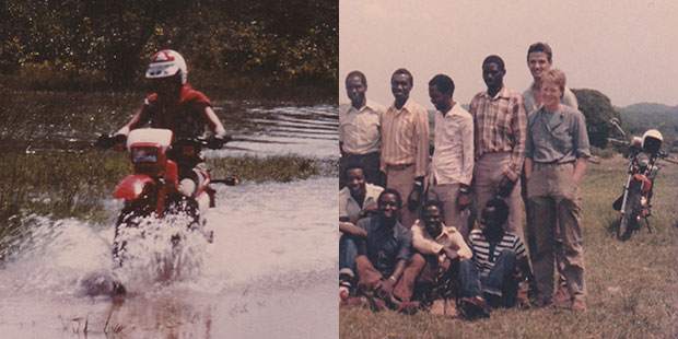 Photos of Jill Key riding a motorbike through water and standing with a group of gentlemen in Tanzania