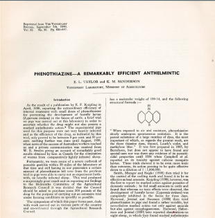 Image of a scientific paper co-written by Katherine Sanderson entitled, 'Phenothiazone - a remarkably efficient anthelmintic'