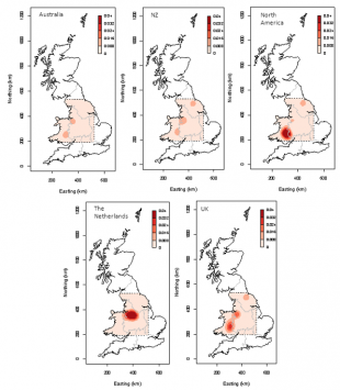 Image showing results of the different QUADS models depicted by 5 line drawings of the UK with red shaded areas.