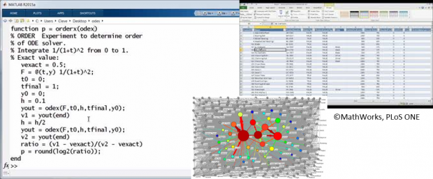 Image of mathematical modelling: some computer code, a 3d computerised model and a spreadsheet.