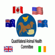 Image of QUADS logo: flags surrounding a world-like circle in the centre with the words, 'Quadrilateral Animal Health Committee.'