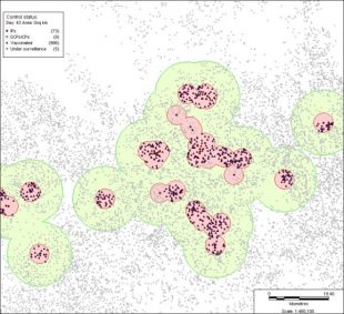 Image of surveillance map showing areas of green and red.