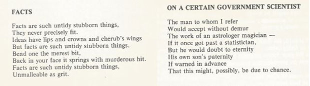 Two of Connie Ford’s poems, taken from 'Veterinary Ballads and other poems. Poem one is entitled 'Facts' and reads: Facts are such untidy stubborn things, they never precisely fit. Ideas have lips and crowns and cherub's winds but facts are such untidy stubborn things. Bend one the merest bit, back in your face it springs with murderous hit. Facts are such untidy stubborn things, unmalleable as grit. The second poem is entitled, 'On a certain government scientist' and reads: The man whom I refer would accept without demur the work of an astrologer magician - if it once got past a statistician, but he would doubt to eternity his own son's paternity if he warned in advance that this might, possibly, be due to chance.