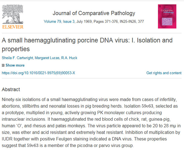 Image showing the abstract of a paper by Sheila Cartwright and Margaret Lucas entitled, 'A small haemaggulutinating porcine DNA virus: I. Isolation and properties.