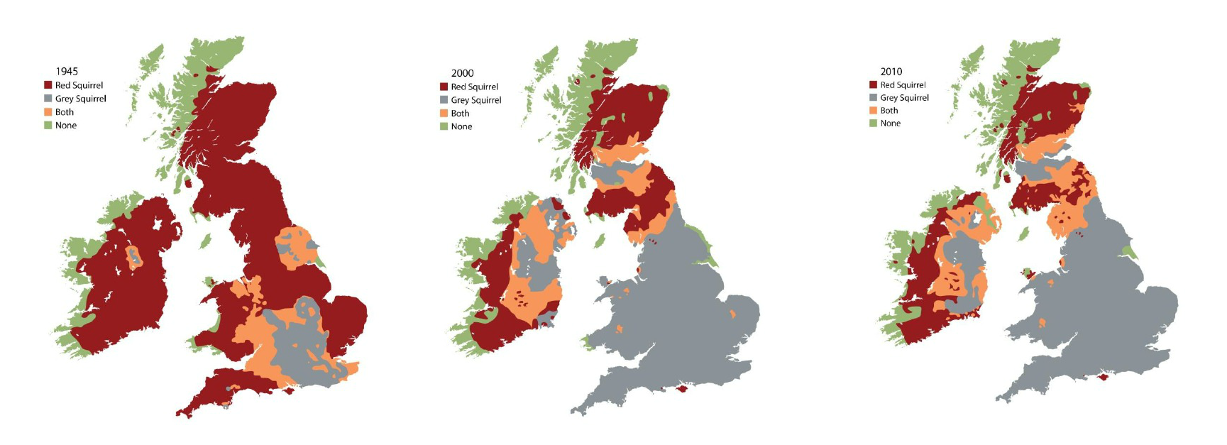 Three images of the United Kingdom and Ireland next to each other shaded in different areas: red, green, grey and orange. The map to the left has significantly more red area than the middle and right maps which have significantly more grey areas.