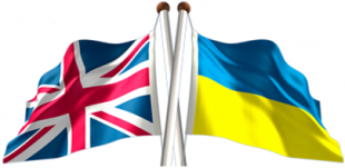 Image of two crossed flags: the Union Jack on the left and the flag of Ukraine on the right.