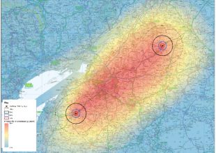 Map in blue showing areas in red and yellow.