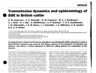 Image of an article published in a journal with the title, 'Transmission dynamics and epidemiology of BSE in British cattle.