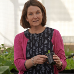 Image of a lady surrounded by plants in a large greenhouse.