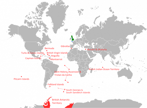 Map showing the locations of the UK’s overseas territories: Gibraltar, Bermuda, British Virgin Islands, Anguilla, Monserrat, Turks and Caicos Islands, Cayman Islands, Akrotiri and Dhekelia, British Indian Ocean Territory, Saint Helena, Ascension and Tristan da Cuncha, Pitcairn Islands, Falkland Islands, South Georgia and South Sandwich Islands and British Arctic Territory.