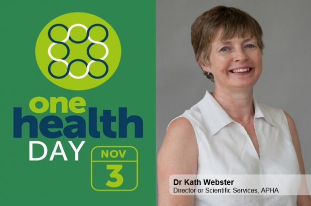 Image split in half showing 'One Health Day November 3' on one half and an image of a lady wearing a white sleeveless shirt smiling at camera with the words Dr Kath Webster, Director of Scientific Services, APHA