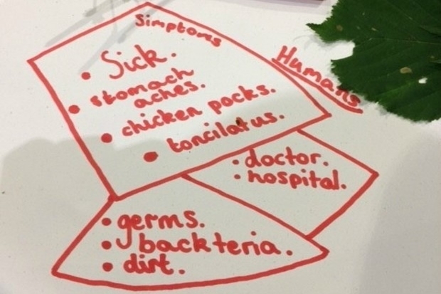 Image of some notes made by the children at the event listing symptoms of illnesses humans may have and some of the illnesses: Sick, stomach aches, chicken pox, tonsillitis, doctor, hospital, germs, bacteria and dirt. 