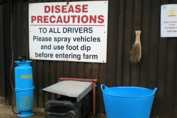 Sign on a barn door saying 'Disease Precautions, to all drivers please spray vehicles and use foot dip before entering farm'. There is a blue bucket and brush beside the sign along with a blue canister.