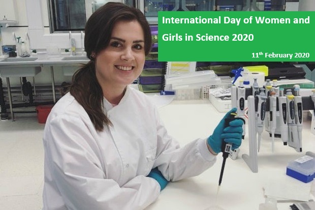 Female scientist holding a pipette and wearing a white lab coat. Text reads 'International Day of Women and Girls in Science 2020 11th February 2020'.