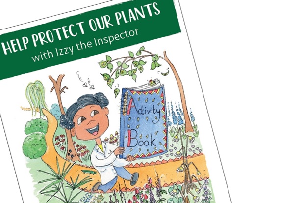 Front cover of our activity book for children, 'Help protect our plants with Izzy the Inspector'. Image of a cartoon girl walking through a garden holding a blue 'activity book'.