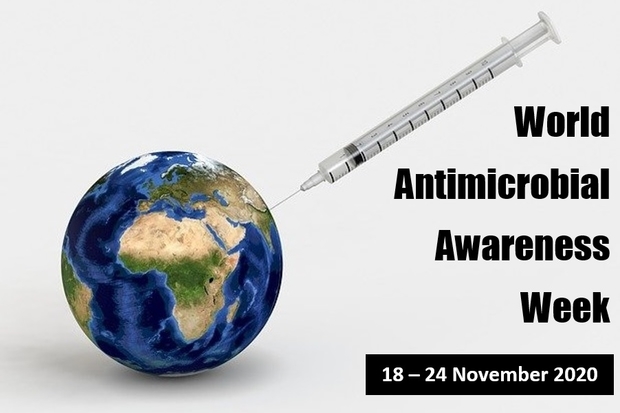 Image of the world with a syringe sticking out of it. World Antimicrobial Awareness Week 18 - 24 November 2020