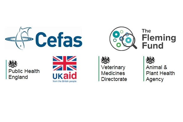 Series of Logos: Cefas, The Fleming Fund, Public Health England, UK Aid from the British people, Veterinary Medicines Directorate and Animal and Plant Health Agency