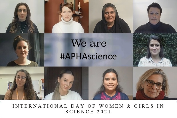 Image of ten female faces around a central title saying' We are #APHAscience'. A separate title below this says 'International Day of Women and Girls in Science 2021.'