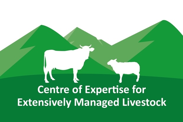 Logo for the Centre of Expertise for Extensively Managed Livestock. It features a while silhouette of a cow and sheep standing in front of green hills.