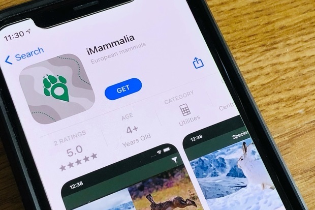 Image of a partially showing iPhone screen with the iMammalia app on the screen