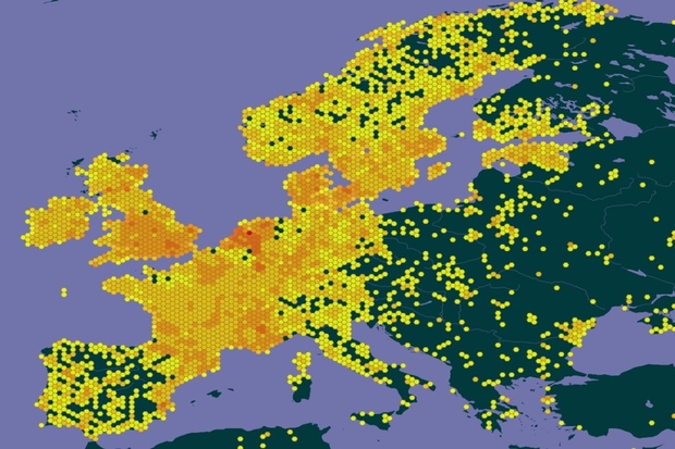 Image showing a map of Europe which is shaded in hues of yellow and green against a purple sea