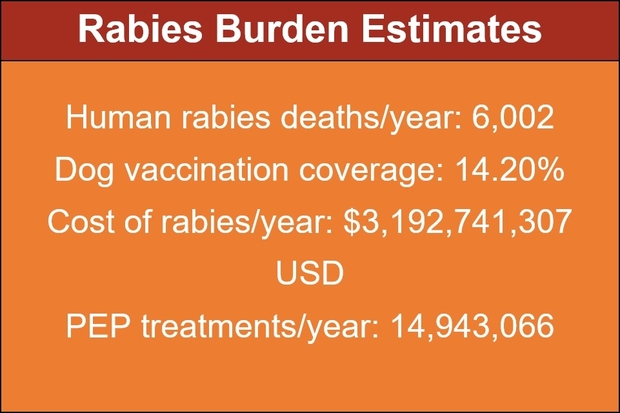 Image entitled: Rabies Burden Estimates. Below sit the following facts and figures: human rabies deaths per year 6,002, dog vaccination coverage 14.20%, cost of rabies per year $3,192,741,307 USD, PEP treatments per year 14,943,066