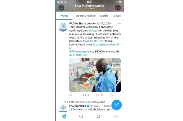 Image of a Twitter screenshot saying, "FAO in Sierra Leone - 22/12/2020. Teko Central Veterinary Laboratory confirmed dog #rabies for the first time in many years using Flourescent antibody test, thanks to operationalzation of the laboratory by #FAO #ECTAD Sierra Leone.