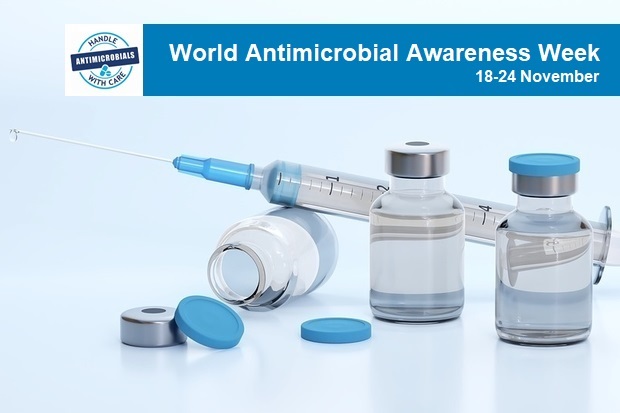 Image of a syringe next to three vials entitled, 'World Antimicrobial Awareness Week, 18-24 November'