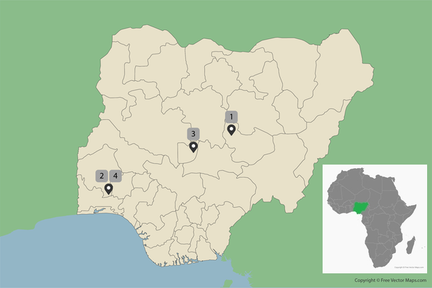 Image of a map of Nigeria with pins numbered 1 to 4 placed on the map