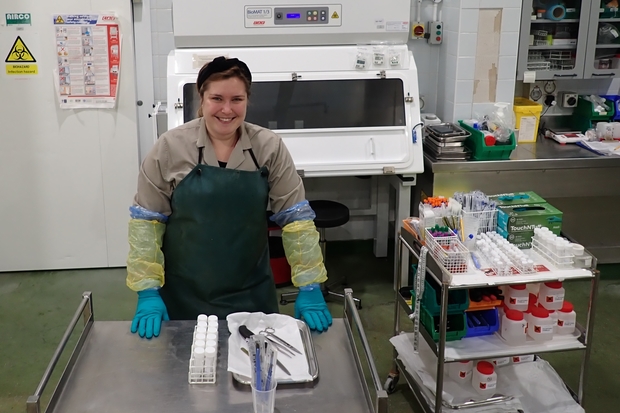 Image of a female wearing an apron and gloves standing in a laboratory setting.