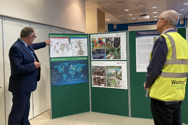 Image of a gentleman talking about some posters next to him to another gentleman