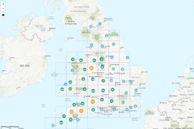 Map of the UK in a grid with numbers