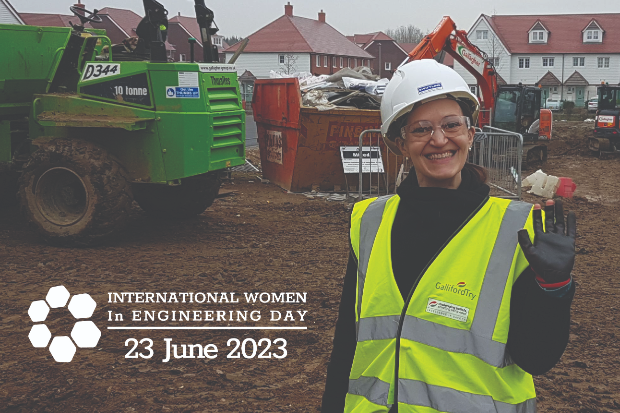 Image of a female on a building site with the International Women in Engineering Day logo and the date 23 June 2023