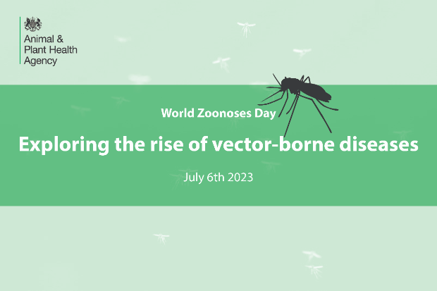 Image of a mosquito, APHA logo and the text, "World Zoonoses Day, Exploring the rise of vector-borne diseases, July 6th 2023"