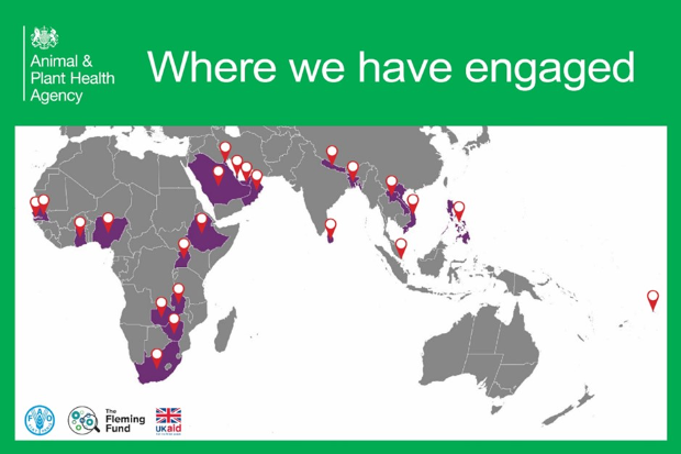 Image of a world map with several countries shaded in purple and marked with a location marker. The title reads, "Where we have engaged". The following logos also appear: APHA, FAO, The Fleming Fund and UK Aid.