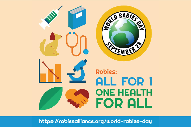 Image of the World Rabies Day Logo alongside images of: a syringe, book, dog, stethoscope, graph, microscope, leaf and hands shaking. The text, "Rabies: all for 1 one health for all" and "https://rabiesalliance.org/world-rabies-day" appears