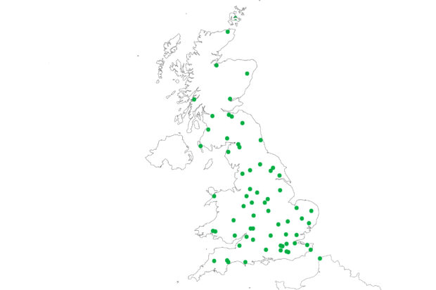 Map of the UK with green dots covering it across various points on the map