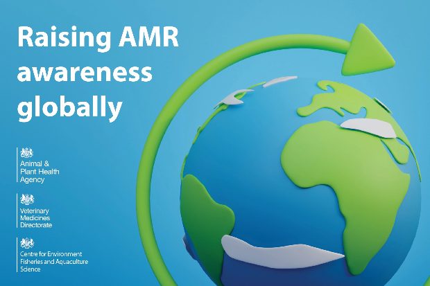 Image of Earth with an arrow surrounding it. The title, "raising AMR awareness globally" shows in addition to the APHA, Veterinary Medicines Directorate and Centre for Environment, Fisheries and Aquaculture Science logos.