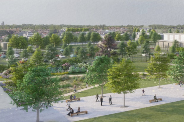 An artist's rendering of a park with walking paths, benches, trees, and people. There are landscaped gardens and a background view of a suburban neighbourhood.