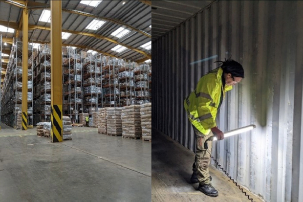 Image split in two - a warehouse and a male using a torch to inspect the wall/ground of the metal container he is standing in