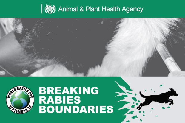 Image of a muzzled dog receiving an injection. The Animal and Plant Health logo shows at the top with the World Rabies Day, September 28th Breaking Rabies Boundaries below.