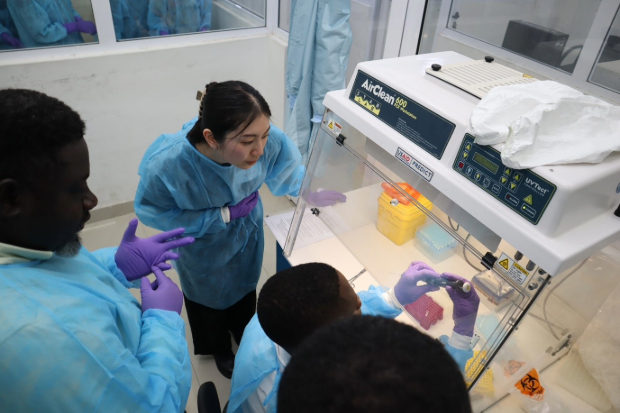 Small group of individuals observing someone working in a safety cabinet