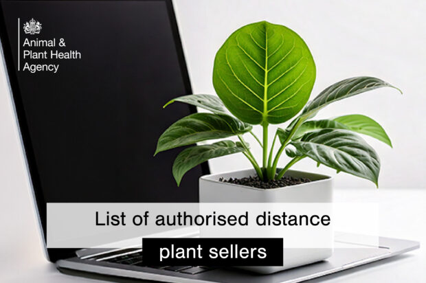 Image of a green-leaved plant sitting on the keyboard of an open laptop. The text, "list of authorised distance plant sellers." is displayed. The APHA logo also appears.