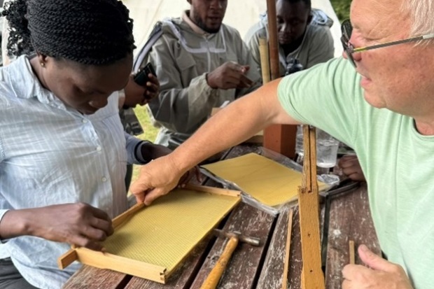 Image of a gentleman helping a female how to construct a wooden frame.