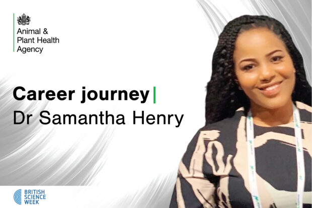 Image of a female smiling next to the text, "Career journey: Dr Samantha Henry". The APHA logo also shows.