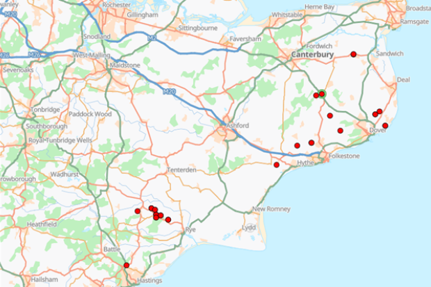 A map of the south east of England with red dots across several coastal locations.